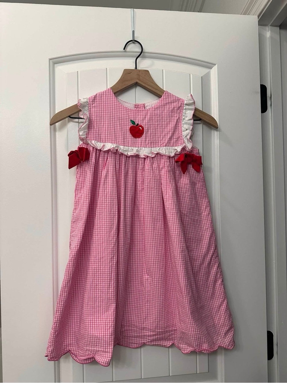 Classic Whimsy Pink Gingham Apple Appliqué Dress